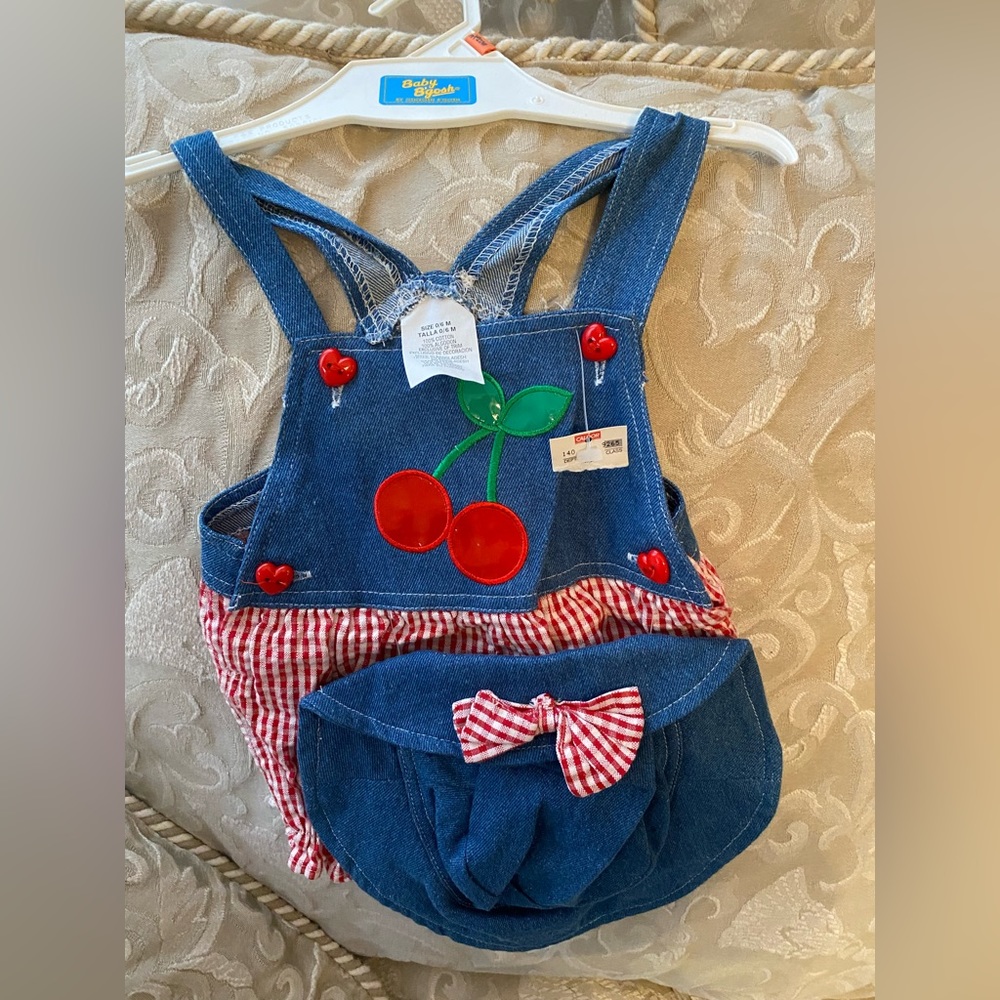 Baby Girl NWT 2PC Romper w/Hat Jean & Red-White Stripe- Cherry Appliqué Sz 0-6Mo